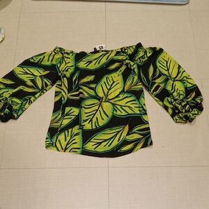 Joseph Ribkoff Green Leaf Print Off-Shoulder Blouse